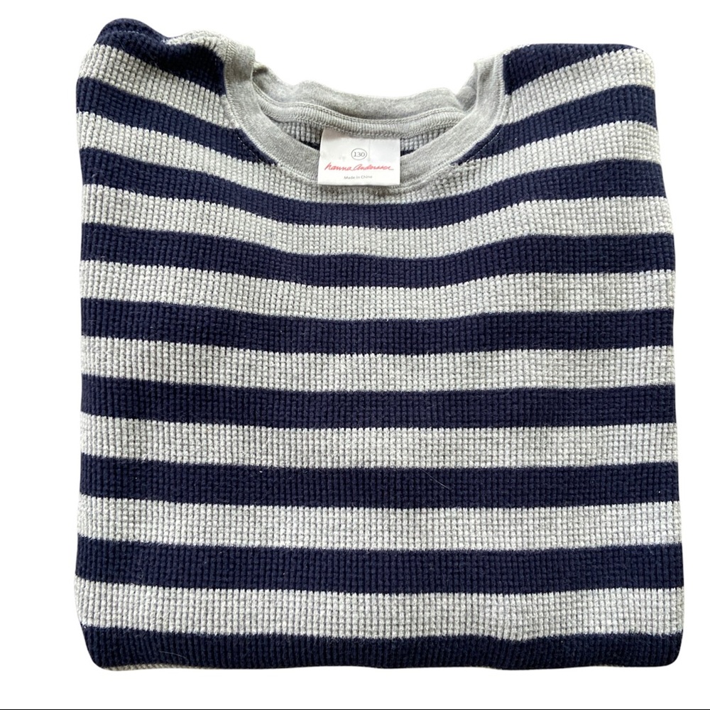 Hanna Andersson Kid’s Blue Gray Striped Waffle-Weave Long Sleeve Pullover Size 8